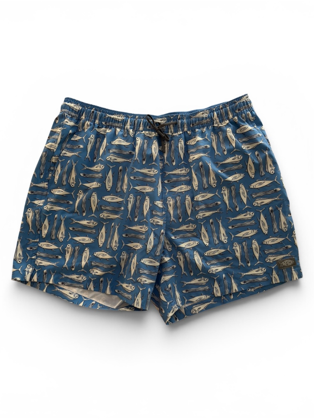 AFTCO Men’s Size Large Blue & White Fish-Pattern Swim Trunks